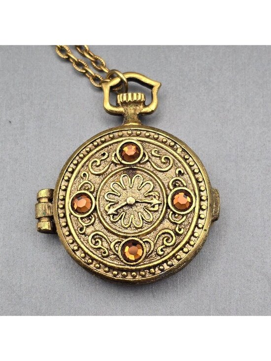Mary Chess Jewelry - Vintage Mary Chess Perfume Locket Necklace 23" Gold Tone Amber Rhinestone 60s